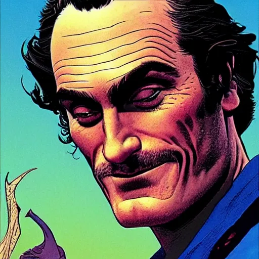 Prompt: photorealistic picture, by jean giraud, moebius, bob peak and alex ross and john romita jr, smooth focus, sharp details, detailed details, bokeh, 4 k, fine 5 k details about joaquin phoenix as arthur fleck joker comic panel volume 1