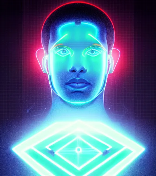 Image similar to symmetry!! egyptian prince of technology, solid cube of light, hard edges, product render retro - futuristic poster scifi, lasers and neon circuits, brown skin man egyptian prince, intricate, elegant, highly detailed, digital painting, artstation, concept art, smooth, sharp focus, illustration, dreamlike, art by artgerm