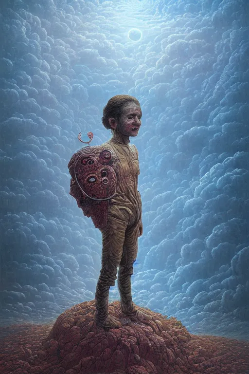 Prompt: 4K Stunningly detailed Ancient Beautiful portrait of a Smile inspired in beksinski and dan mumford work, remixed with Simon Stalenhag work, sitting on the cosmic cloudscape