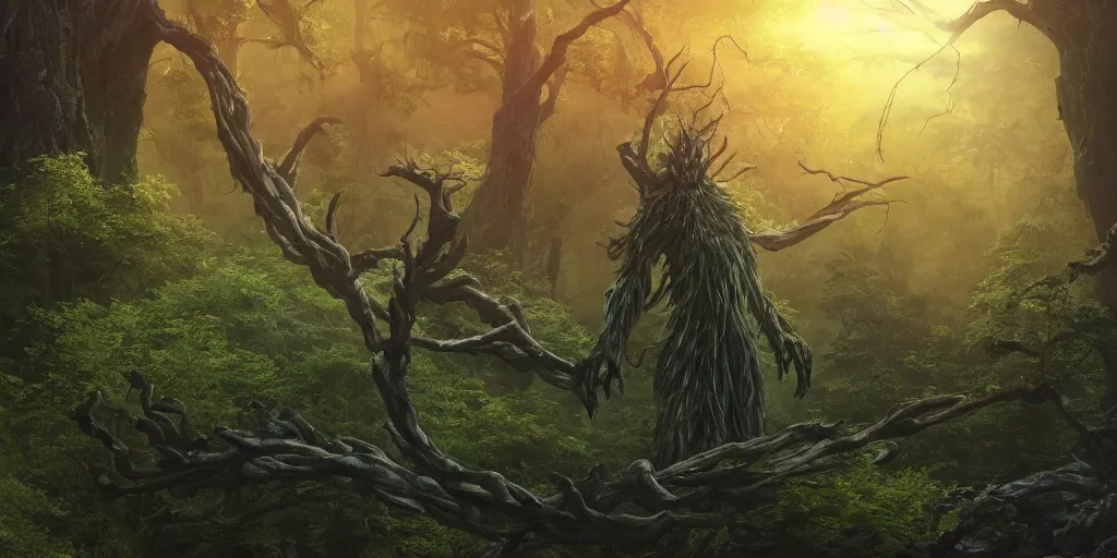Prompt: close up of a giant spirit monster rising from a forest. tree branch in foreground. 4 k, artgerm, high detail, dramatic lighting, sunset, hayao miyazaki, masashi ando, nizou yamamoto, kazuo oga, joe hisaishi, yoji takeshige, naoya tanaka