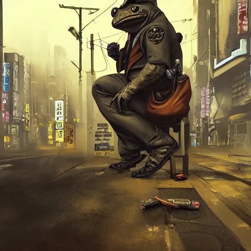Image similar to a chain smoking frog cop, beating criminals to a pulp on the dirty streets of tokyo, highly detailed, digital painting, artstation, concept art, smooth, sharp focus, 8k, photorealistic, 25mm f/1.7 ASPH Lens, ultra realistic steampunk illustration, art by greg rutkowski and alphonse mucha