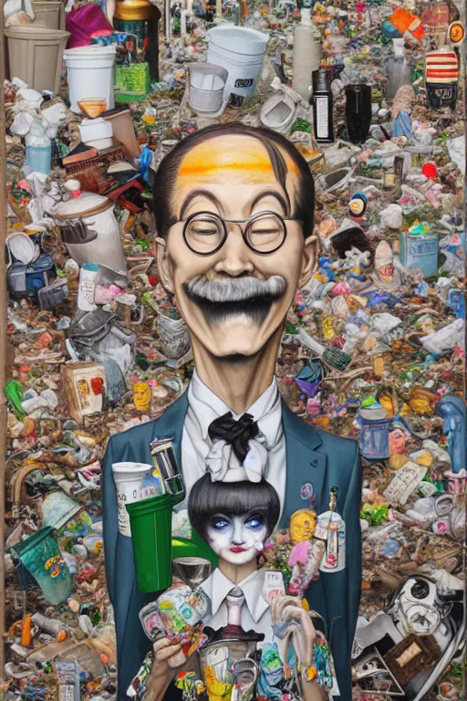 Prompt: full view, from a distance, of anthropomorphic trashcan duchamp, full of trash, style of yoshii chie and hikari shimoda and martine johanna, highly detailed