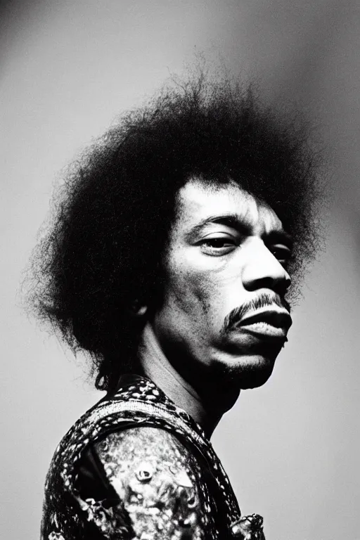 Image similar to photo of jimi hendrix styled by nick knight posing, showstudio, face close up, vogue magazine, 1 9 7 0, canon, highly realistic. high resolution. highly detailed. dramatic. 8 k. 4 k