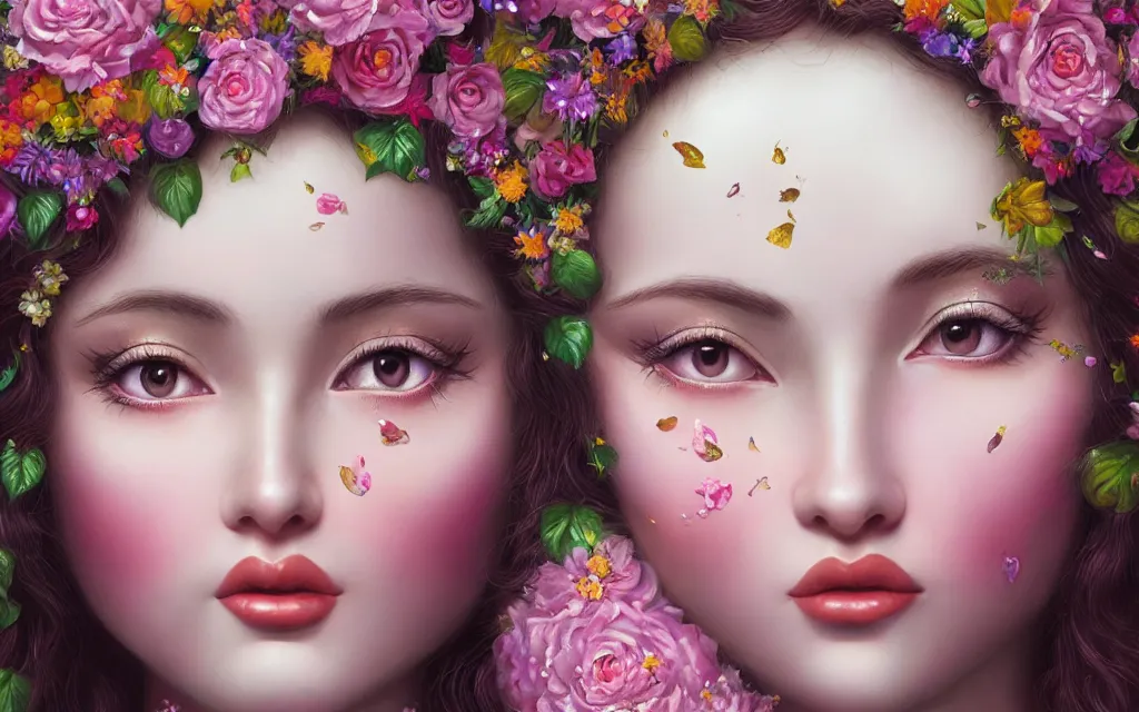 Prompt: a portrait a divine feminine goddess, rosey cheeks, sparkles on eyelids, surrounded by lush flowers and feathers, ultra realistic digital painting, rococo, artstation, concept art, pop, smooth, sharp focus, illustration, art by mark ryden and lisa frank 3 d 8 k ultra detailed