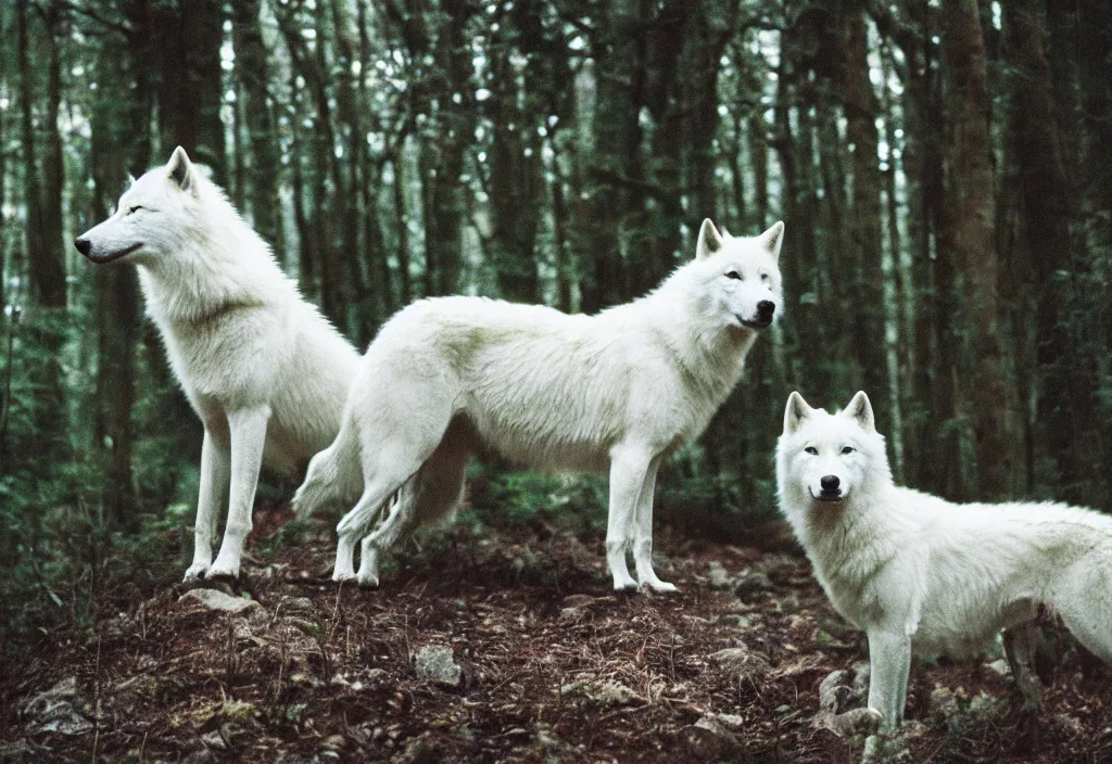 Image similar to lomo photo of a white wolf in a dense forest, cinestill, bokeh, out of focus