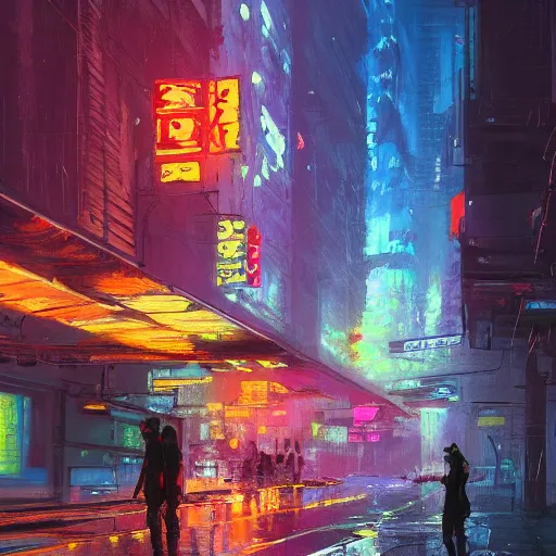 Image similar to acrylic painting, impressionism and expressionism, strong emotional impact, bold pastel colors, expressive brushstrokes, overall sense of movement in the composition. a cyberpunk streetscape lined with beautiful flowers, by liam wong and tyler edlin, trending on artstation