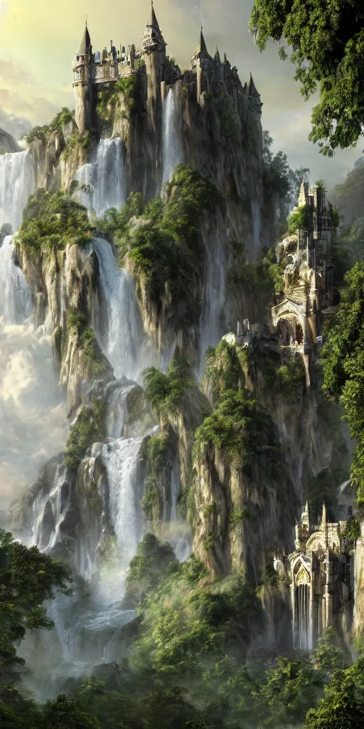 Image similar to a beautiful fantasy landscape of a large majestic castle adorned with gold linings and white marble walls from DND with lots of towers bridges and levels on top of a lush cliff with a huge waterfalls in the middle, ruins of structures at the bottom, afternoon light streaking with god rays, Dungeons and Dragons Castle, ornate, detailed, octane render, 8k, trending on artstation deviantart google images, pinterest, canon 35mm lens