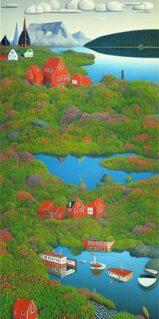 Prompt: scandinavian!!! houses!!!, floral motives, lake, mountains, hygge, by jacek yerka by levitan, by tove jansson, surrealistic painting, masterpiece, oil painting, 1 0 0 0 0, sharp focus, highly detailed, intricate, smooth, 8 k,
