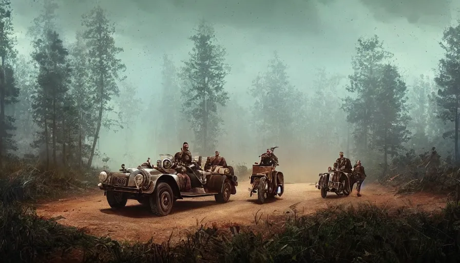 Image similar to british officer driving a motorcycle in 1921 in kerala forest road, tribe members attacking, furious action scene, chase, an epic fantasy, dramatic lighting, cinematic, establishing shot, extremely high detail, photorealistic, cinematic lighting, artstation, by simon stalenhag, horizon forbidden west