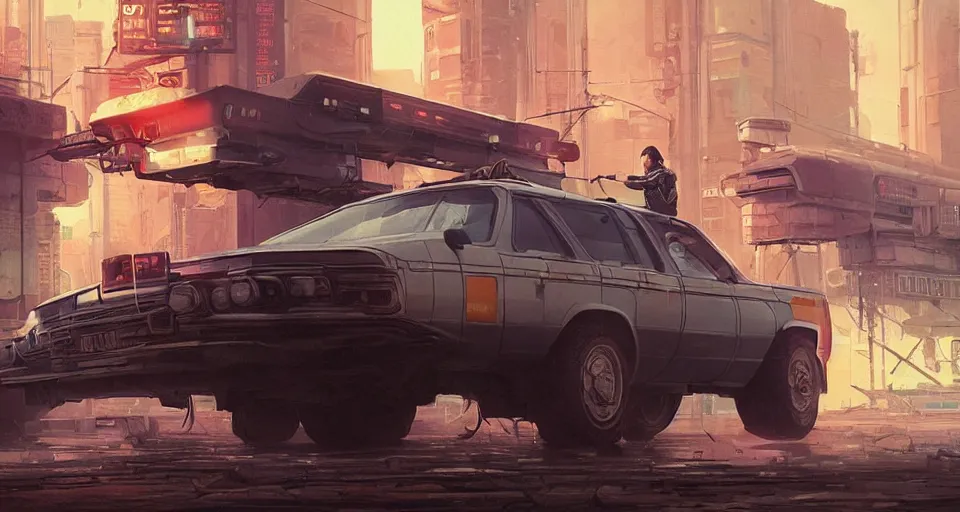 Prompt: a highly detailed epic cinematic concept art CG render digital painting artwork scene: retrofuturistic 1980s cyberpunk soviet police patrol car. By Greg Rutkowski, Ilya Kuvshinov, WLOP, Stanley Artgerm Lau, Ruan Jia and Fenghua Zhong, trending on ArtStation, made in Maya, Blender and Photoshop, octane render, excellent composition, cinematic dystopian brutalist atmosphere, dynamic dramatic cinematic lighting, aesthetic, very inspirational, arthouse
