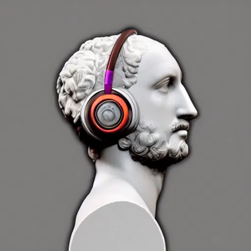 Prompt: a roman bust wearing headphones listening to music, in the style of vaporwave, vaporwave style, 4k, hi res