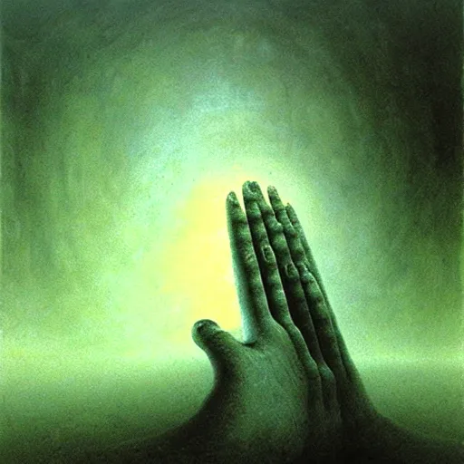 Prompt: arm reaching out of thick fog, marble tablets, zdzislaw beksinski