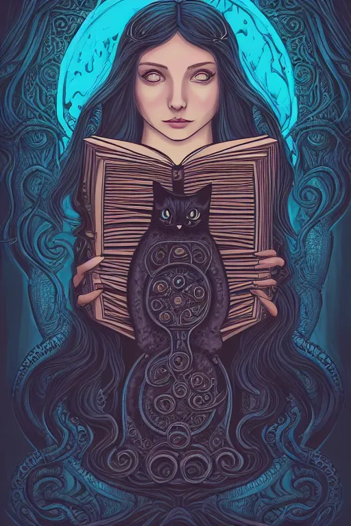 Image similar to ai illustration of romantic girl, her cat and her book of necronomicon, symmetrical, cinematic, sharp focus, 4 k, ultra hd, sense of awe, sinister demonic atmosphere, dreadful, forbidden knowledge, old gods, cthulhu, yog - sothoth! yah, yah, yah! cultist journal cover