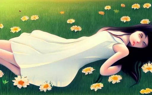 Image similar to little girl with her long black hair dressed in a simple white dress laying down on a flowery field, anime art style, digital art by ilya kuvshinov, inspired by balthus, hd, 4 k, hyper detailed, rear view