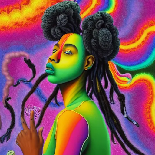 Image similar to a wide angle shot of a black girl with colorful dreadlocks in a field of candy, by Adi granov and afarin sajedi and amanda sage and evgeni gordiets and Agostino Arrivabene and adonna khare in a psychedelic portrait style, ultrarealistic matte painting, volumetric lighting, fractal, extremely symmetrical, highly detailed face, orisha, 8k, hd