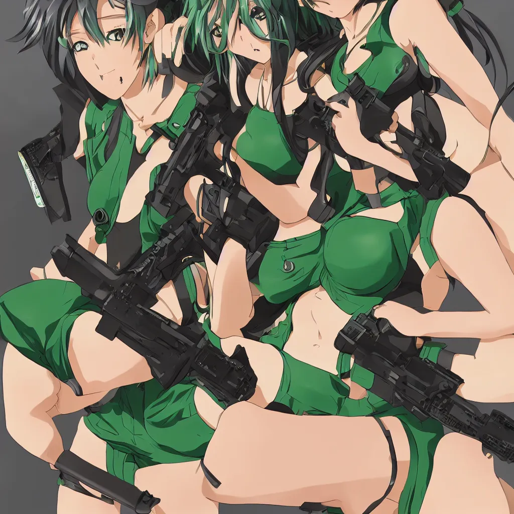 Prompt: a full shot of a beautiful curvy anime girl with an athletic feminine body holding an m4 assault rifle in a green tank top with black shorts and aviator classic sunglasses, long hair, anatomically correct, tanned body, gainax