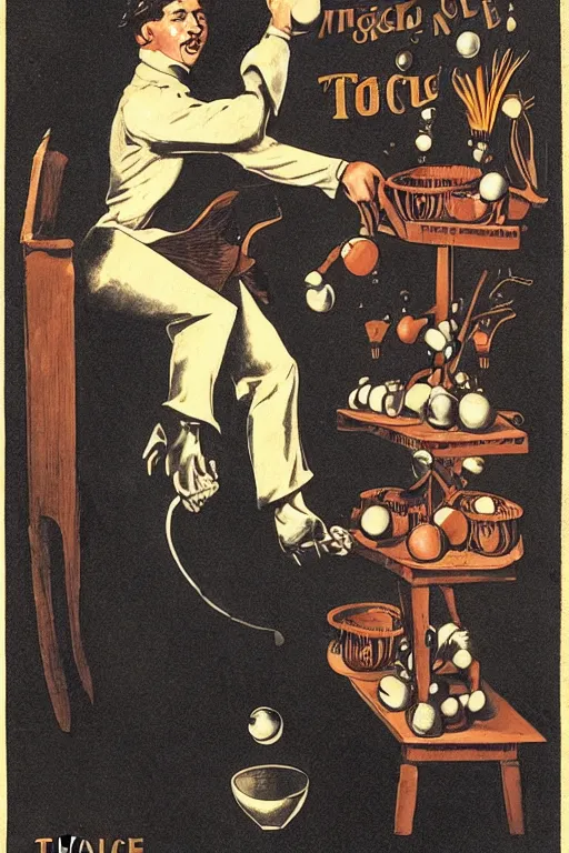 Image similar to an old magic poster showing a magician performing the cups and balls trick