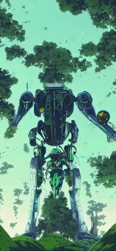 Image similar to pilot looking up at giant humanoid plant mech, coming through treetops, forest, key art, sharp lines, towering above a small person, aesthetic, anime, trigger, shigeto koyama, hiroyuki imaishi