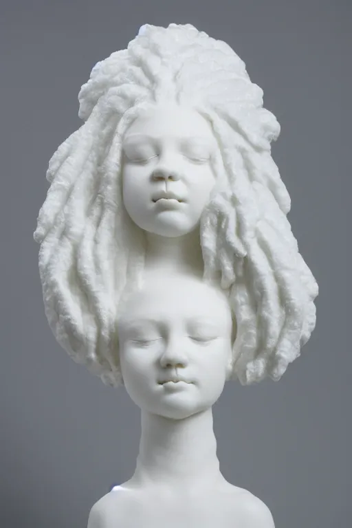Prompt: full head and shoulders, beautiful female porcelain sculpture by daniel arsham and raoul marks, smooth, all white features on a white background, hair piled high like ice - cream, delicate facial features, white eyes, white lashes, detailed white,