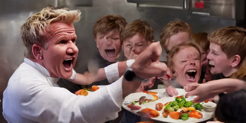 Image similar to gordon ramsay shouting at children, 8 k uhd, widescreen