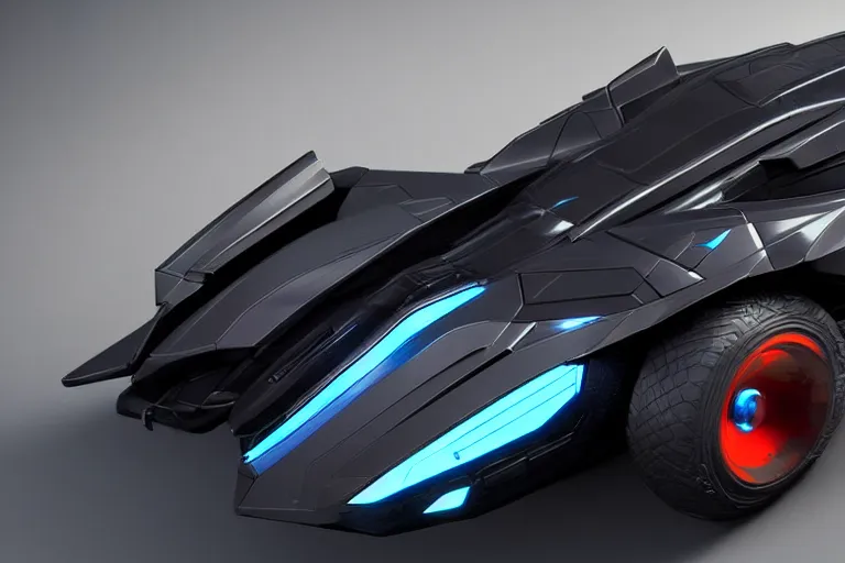 Image similar to cyberpunk batmobile concept inspired sports car, futuristic look, highly detailed body, very expensive, photorealistic camera shot, bright studio setting, studio lighting, crisp quality and light reflections, unreal engine 5 quality render