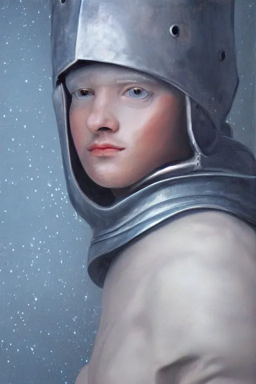 Image similar to hyperrealism oil painting, close - up portrait of albino medieval fashion model, knight, steel gradient mixed with nebula sky, in style of baroque