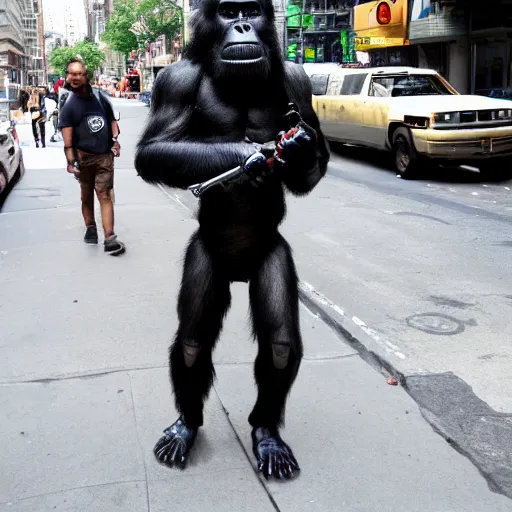 Image similar to terminator ape walking down new york streets