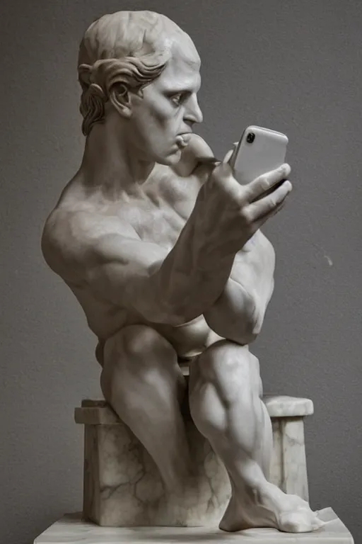 Image similar to marble sculpture of a man taking a selfie while on the toilet