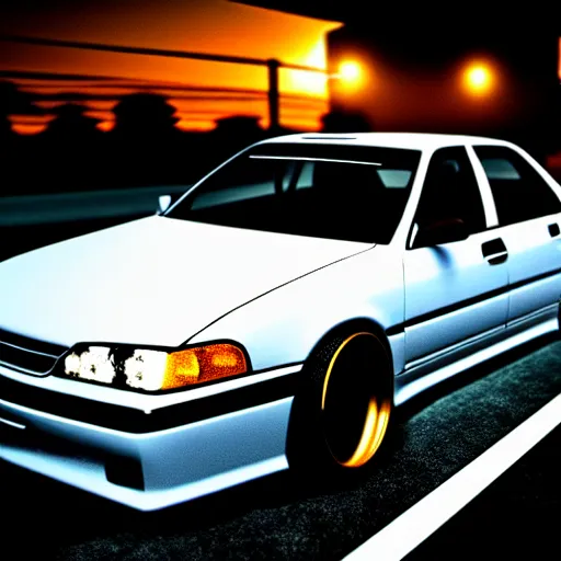 Prompt: a car JZX100 at illegal car meet, Chiba prefecture, city golden-hour mist lights, photorealistic, highly detailed, 85MM