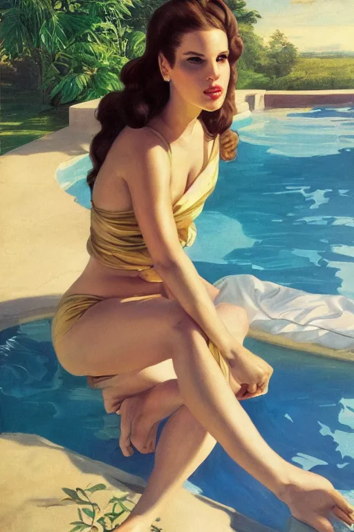Prompt: Lana del Rey, next to a pool, golden hour, in a garden, artstation, by J. C. Leyendecker and Peter Paul Rubens,