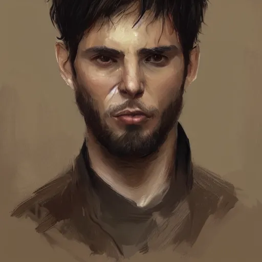 Image similar to portrait of a man by greg rutkowski, he is about 3 0 years old, short black hair with bangs, his features are a mix between french, turkish and russian, very tall and slender, he is wearing a beige and black utility jumpsuit, highly detailed portrait, digital painting, artstation, concept art, smooth, sharp foccus ilustration, artstation hq