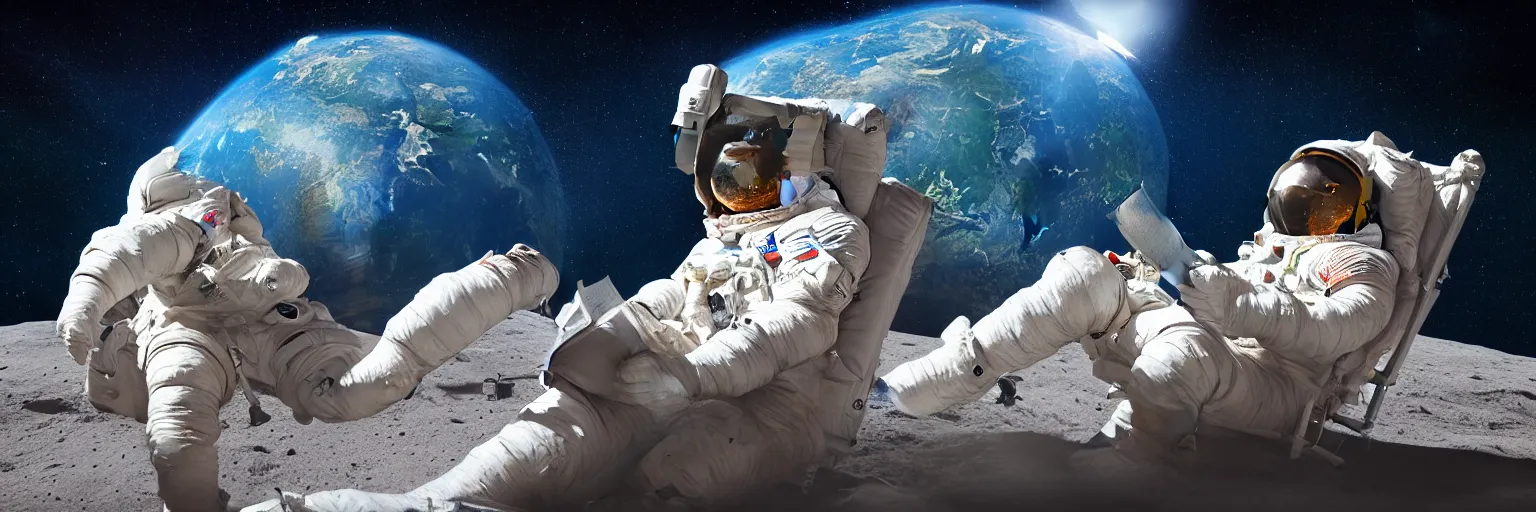 Image similar to A highly photographic render of astronaut on the Moon, sitting on a lawn chair reading a book facing planet Earth, rim lighting, cinematic lighting, octane engine, photo realistic image, 4K, super detailed, cinematic look