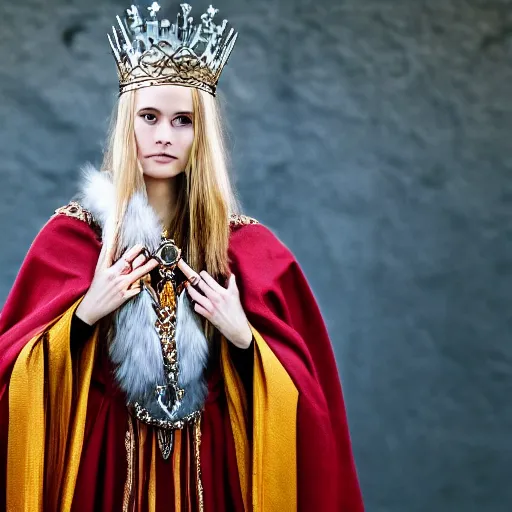 Image similar to photo of a real! beautiful nordic queen with ornate crown and cloak, telephoto lens