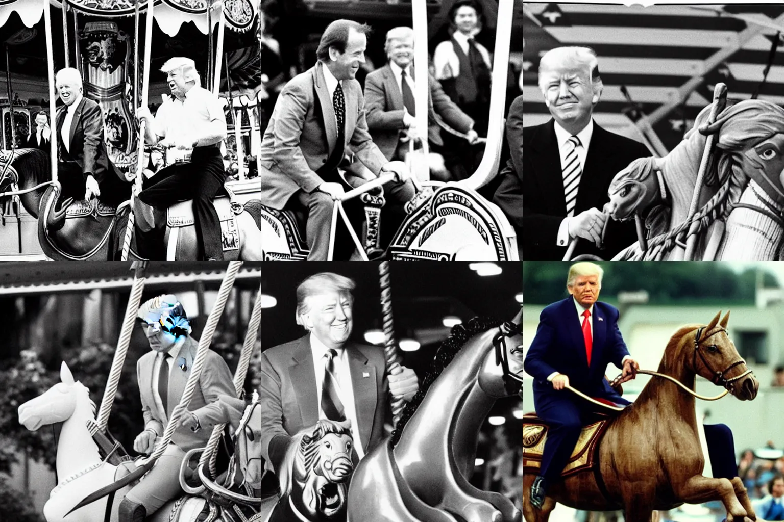 Prompt: “Joe Biden and Donald Trump riding a carousel. Associated press photo. 1982”