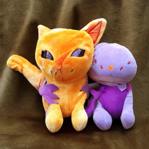 Image similar to orange tabby cat hugs plush purple dragon, cute, cozy