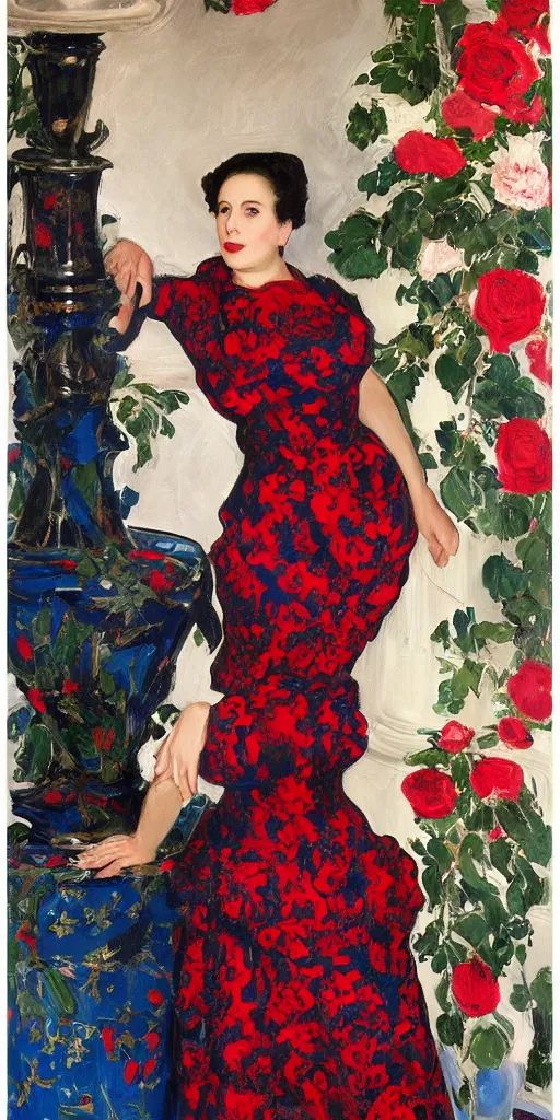 Image similar to portrait of rebekah delrio in lynch pattern dress beside of a big persian detailed pot of red roses, blue and red lights, mulholland drive, painted by john singer sargent and kim jungi - w 5 7 6