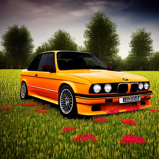 Image similar to blender render of orange bmw e 3 0 m 3 in a field of flowers, low angle shot