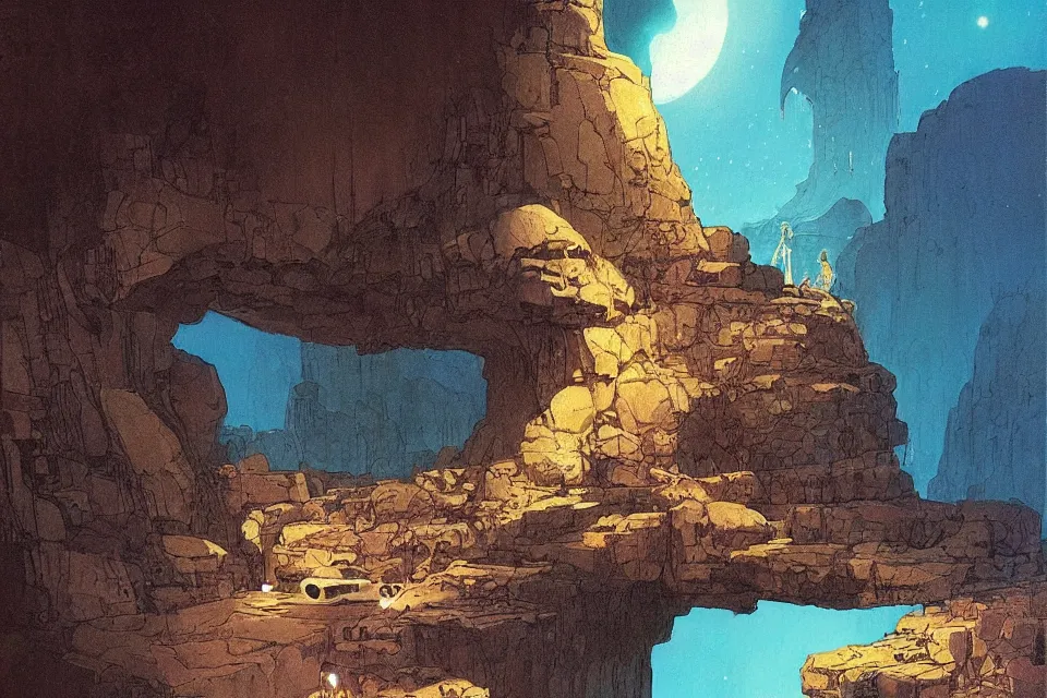 Image similar to i live in a cave, i live to create, by moebius and john harris, atmospheric blues, concept art, saturation 40