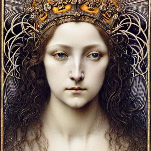 Image similar to detailed realistic beautiful young medieval queen face portrait by jean delville, gustave dore, iris van herpen and marco mazzoni, art forms of nature by ernst haeckel, art nouveau, symbolist, visionary, gothic, pre - raphaelite, fractal lace, surreality, horizontal symmetry, intricate details