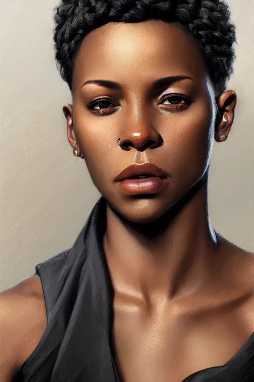 Image similar to photorealistic portrait of a young butch solarpunk black woman, handsome, female, masculine, upper body, fantasy, fierce, sharp features, intricate, elegant, highly detailed, digital painting, artstation, concept art, matte, sharp focus, illustration, art by artgerm and greg rutkowski and alphonse mucha