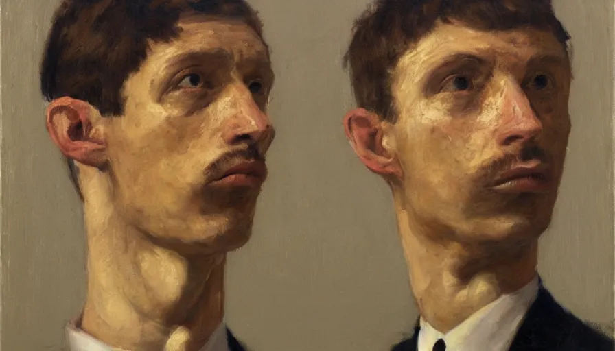 Image similar to painting by borremans, a man looks like mirroring himself, detailed, stunning