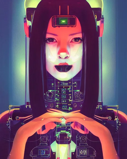 Image similar to dark portrait of a half - robot woman with circuits on her face, with cute - fine - face, pretty face, multicolored hair, realistic shaded perfect face, fine details by realistic shaded lighting poster by ilya kuvshinov katsuhiro otomo, magali villeneuve, artgerm, jeremy lipkin and michael garmash and rob rey