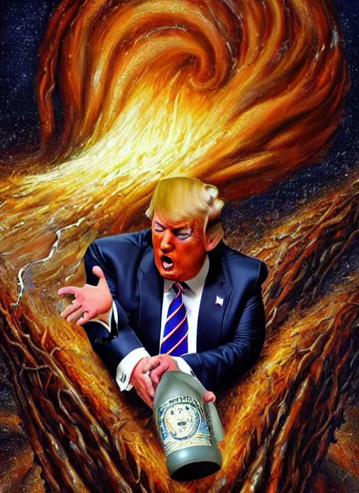 Prompt: donald trump being attacked by sawmill gravy, cosmic horror painting, elegant intricate digital painting artstation concept art by mark brooks and brad kunkle detailed