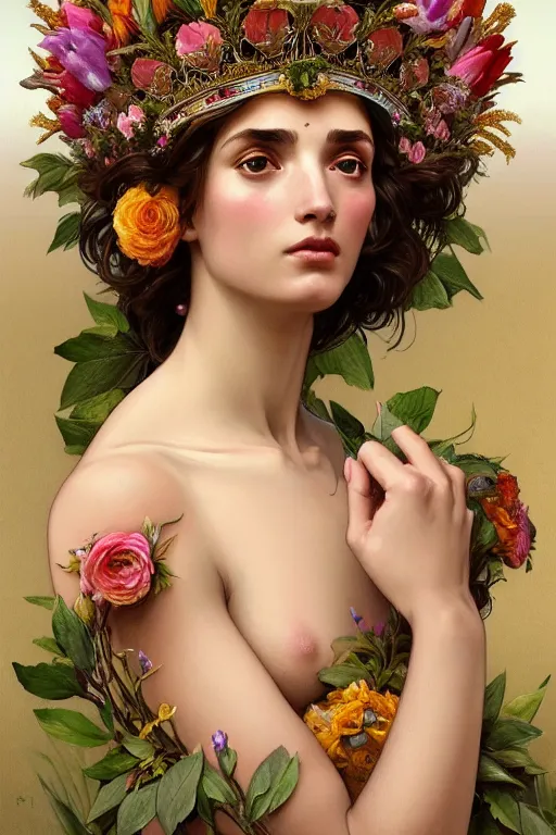 Image similar to body portrait of beautiful roman godess wearing a robe of flowers, wearing a crown of leaves, full body portrait of a young beautiful woman low angle by terry o'neill intricate, elegant, highly detailed, digital painting, artstation, concept art, smooth, sharp focus, illustration, art by artgerm and greg rutkowski and alphonse mucha, 8 k