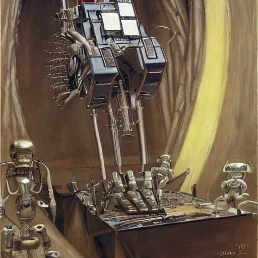 Image similar to robot artist artist painting a self portrait, by john howe, h. r. giger