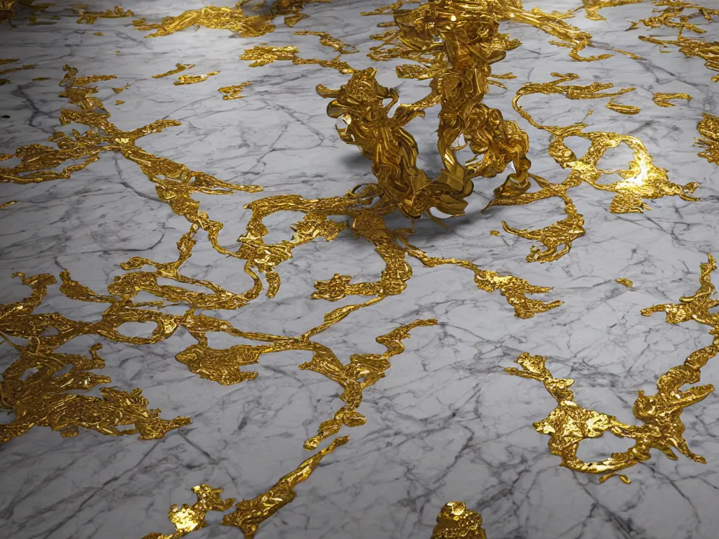 Prompt: hyperrealism, a world made of gold and white marble, intricate, highly detailed, strong perspective, artstation trending, environment concept, ray tracing, cinematic, concept art, 4k detail post processing, cinematic