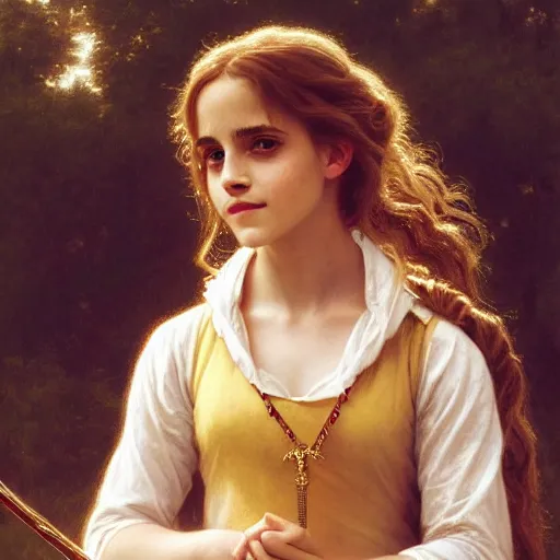 Image similar to Painting of Emma Watson as Hermione Granger. Wearing a golden H necklace. Smiling. Happy. Cheerful. Art by william adolphe bouguereau. During golden hour. Extremely detailed. Beautiful. 4K. Award winning.