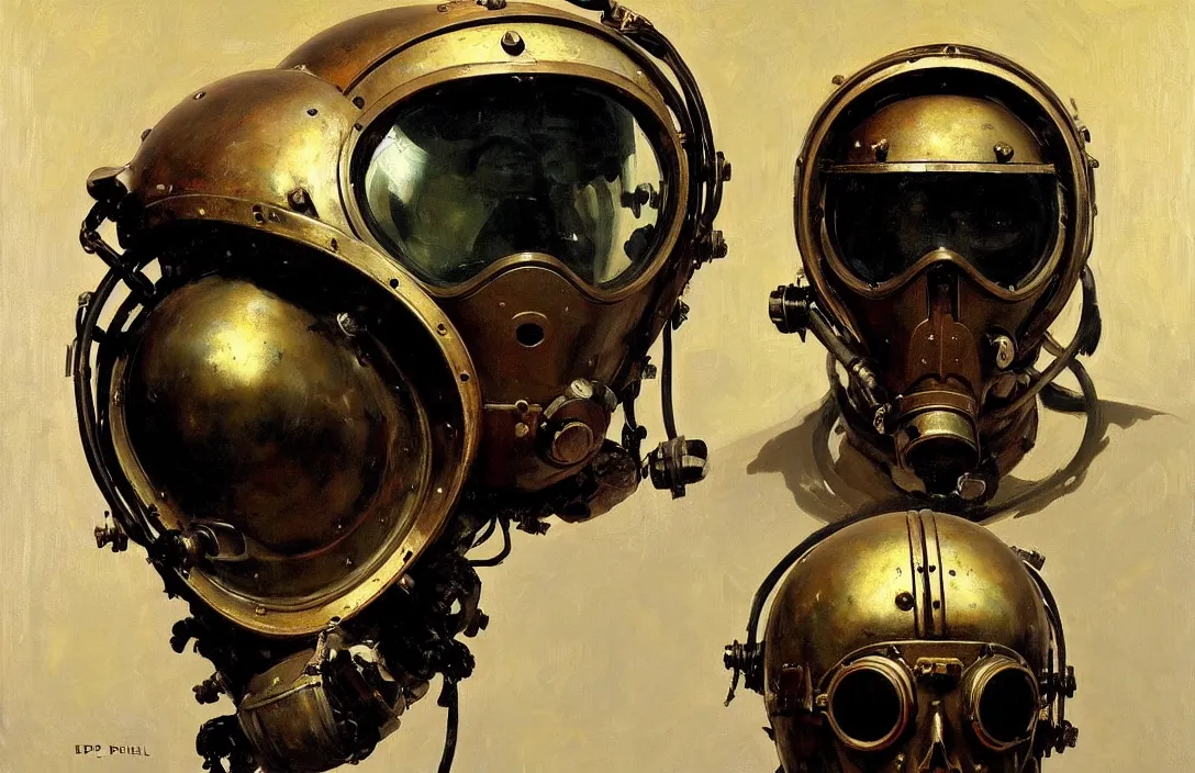 Image similar to portrait of deep sea diver helmet!!!!!!!!!!!!!!!!!!!!!!!!!!!, detailed skull face, detailed painting, epic lighting, by ilya repin, phil hale and kent williams