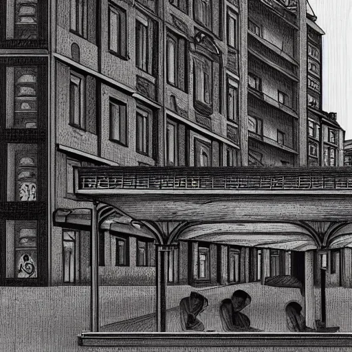 Image similar to dark city bus stop, by MC Escher, very detailed,ArtStation