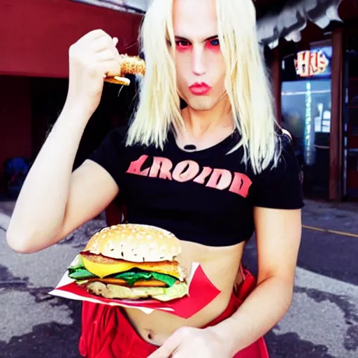 Prompt: Alucard the blond vampire lord in a crop top and shorts eating a burger at Hooter’s